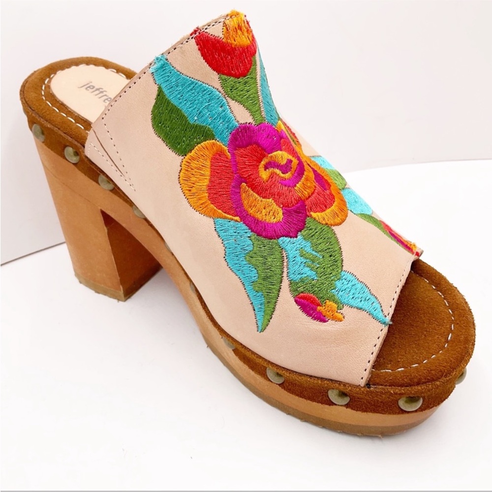 Jeffrey Campbell Beige Leather Platform Mules with Multicolor Floral Embroidery